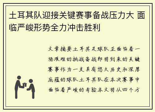 土耳其队迎接关键赛事备战压力大 面临严峻形势全力冲击胜利