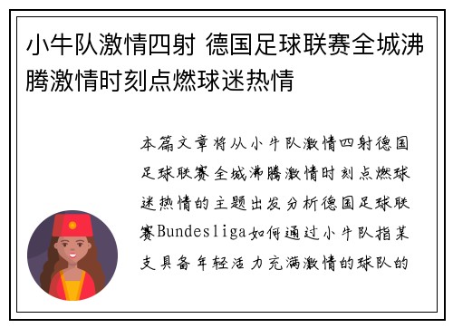 小牛队激情四射 德国足球联赛全城沸腾激情时刻点燃球迷热情