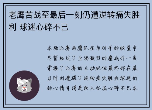 老鹰苦战至最后一刻仍遭逆转痛失胜利 球迷心碎不已