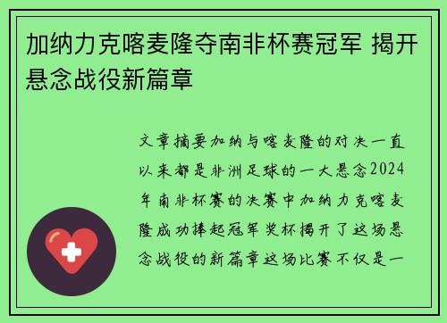 加纳力克喀麦隆夺南非杯赛冠军 揭开悬念战役新篇章