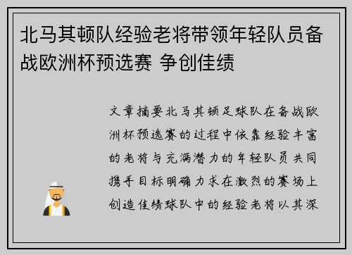 北马其顿队经验老将带领年轻队员备战欧洲杯预选赛 争创佳绩