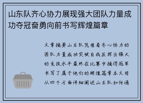山东队齐心协力展现强大团队力量成功夺冠奋勇向前书写辉煌篇章