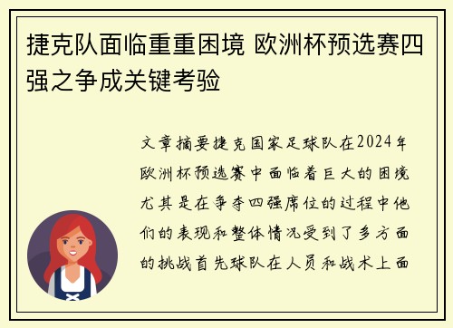 捷克队面临重重困境 欧洲杯预选赛四强之争成关键考验