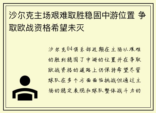 沙尔克主场艰难取胜稳固中游位置 争取欧战资格希望未灭
