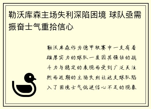 勒沃库森主场失利深陷困境 球队亟需振奋士气重拾信心