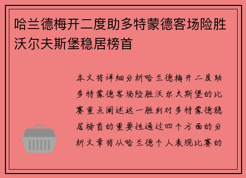 哈兰德梅开二度助多特蒙德客场险胜沃尔夫斯堡稳居榜首