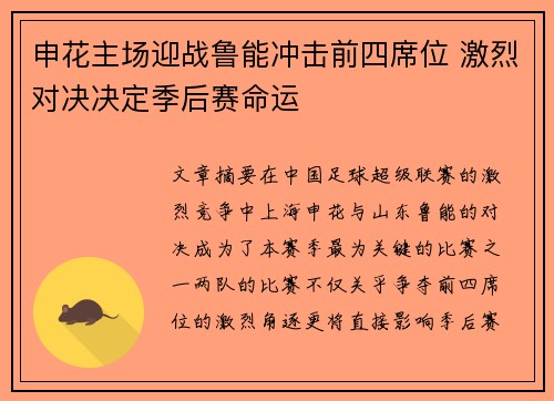 申花主场迎战鲁能冲击前四席位 激烈对决决定季后赛命运